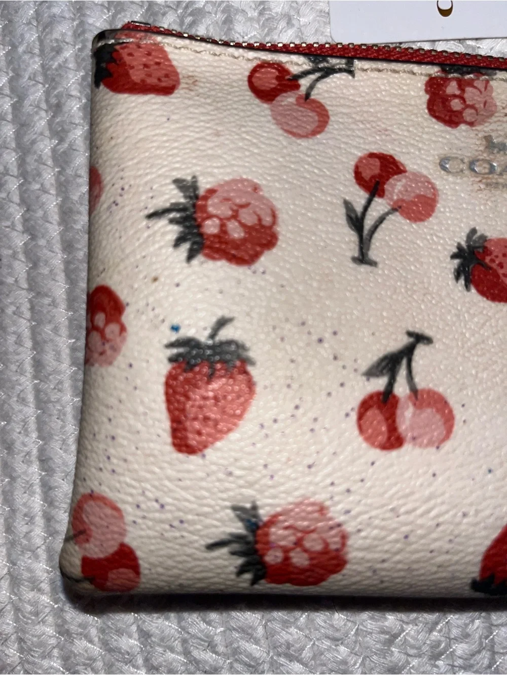 Coach Cream Wristlet with Red Berry Print